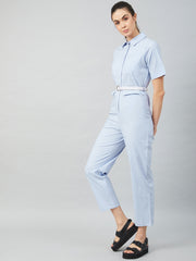 athena blue cotton jumpsuit front zip and pockets detail