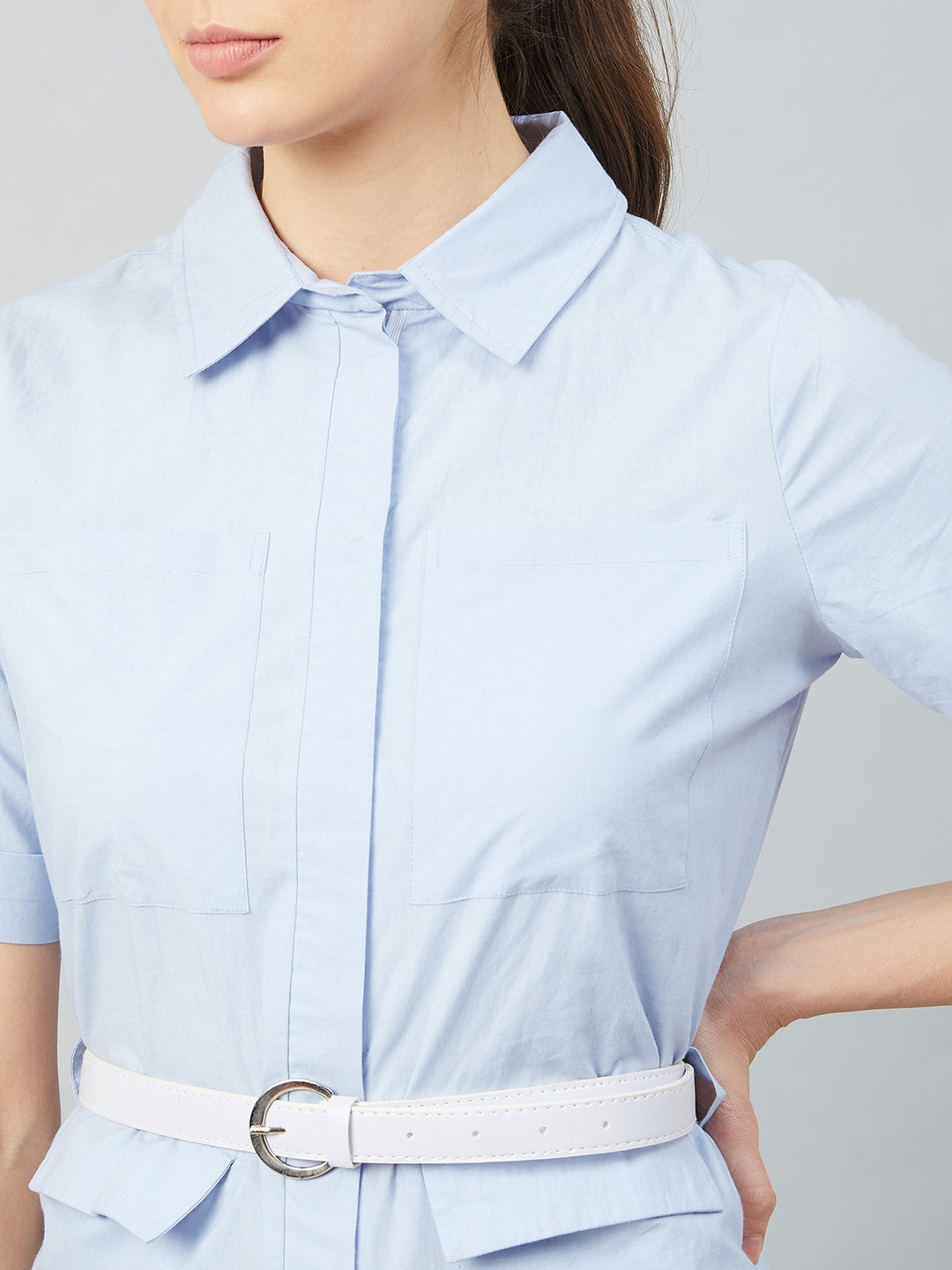 athena blue cotton jumpsuit front zip and pockets detail