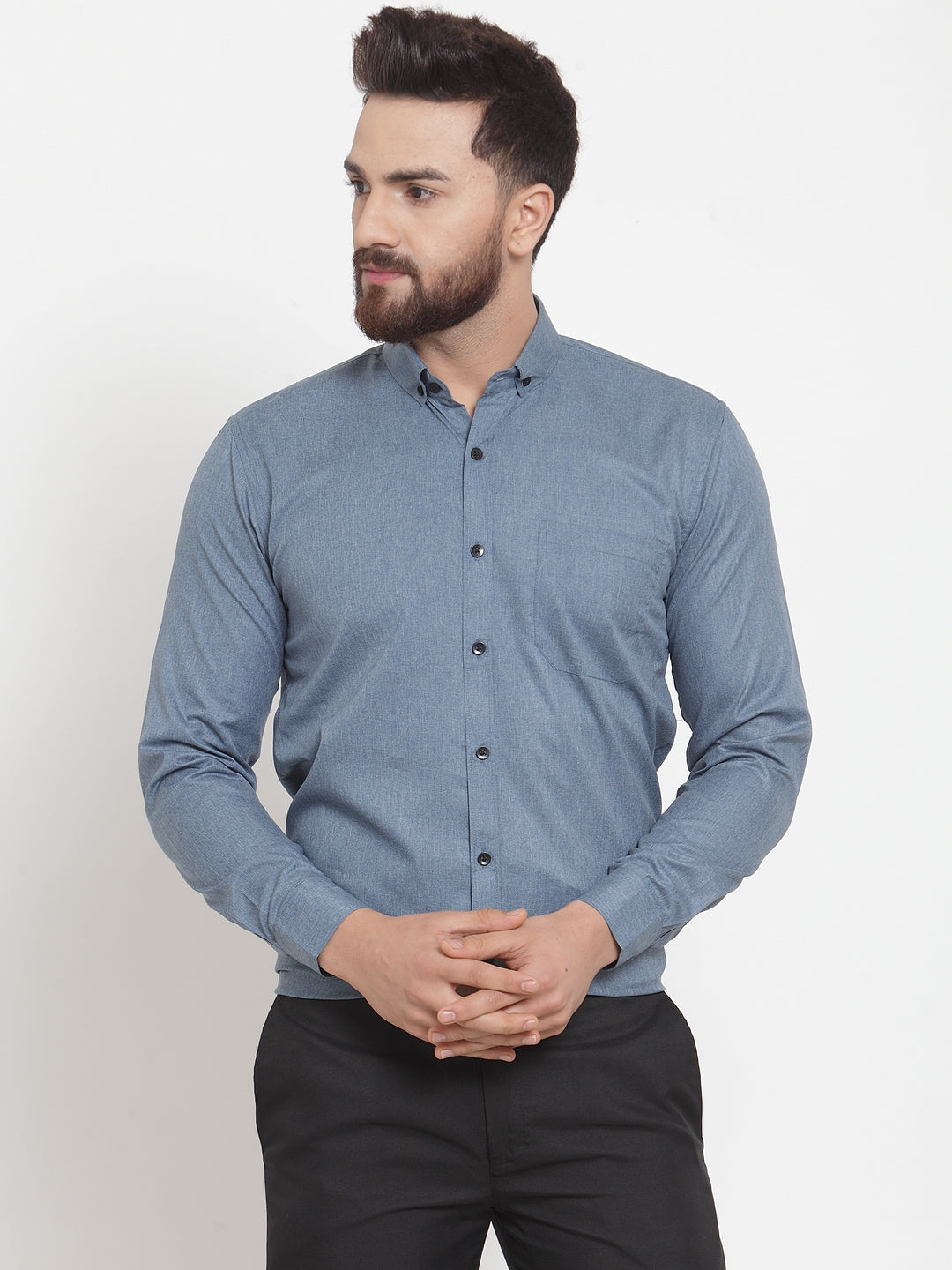 Jainish Grey Mens Cotton Solid Button Down Formal Shirts