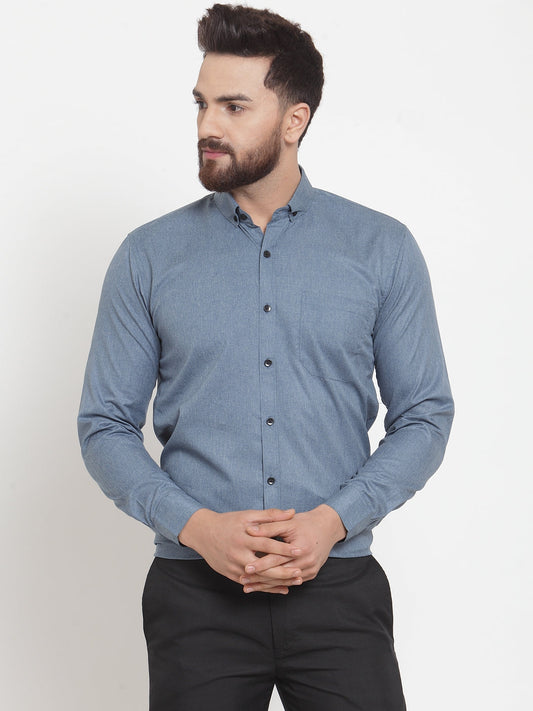 Jainish Grey Mens Cotton Solid Button Down Formal Shirts