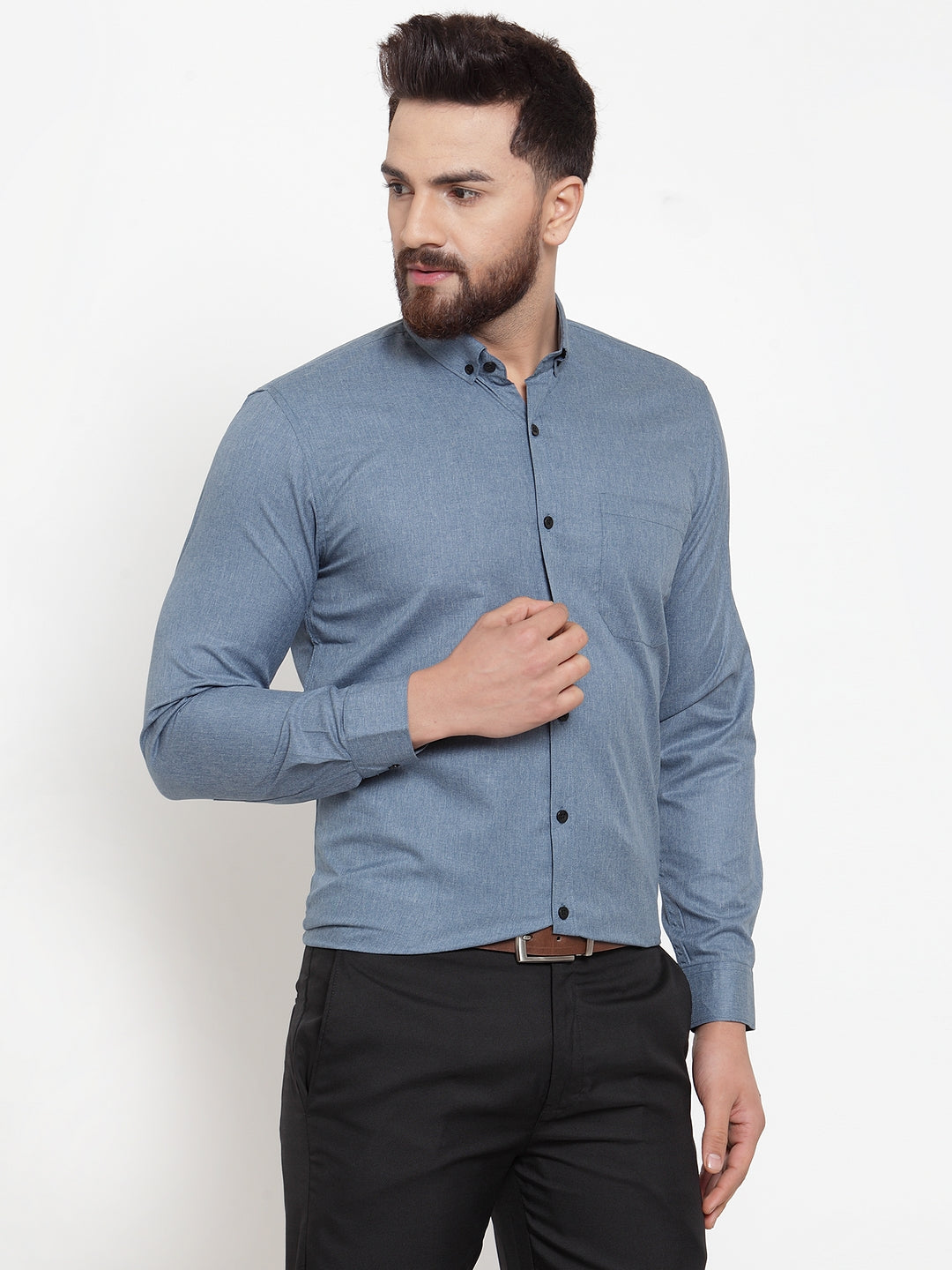 Jainish Grey Mens Cotton Solid Button Down Formal Shirts