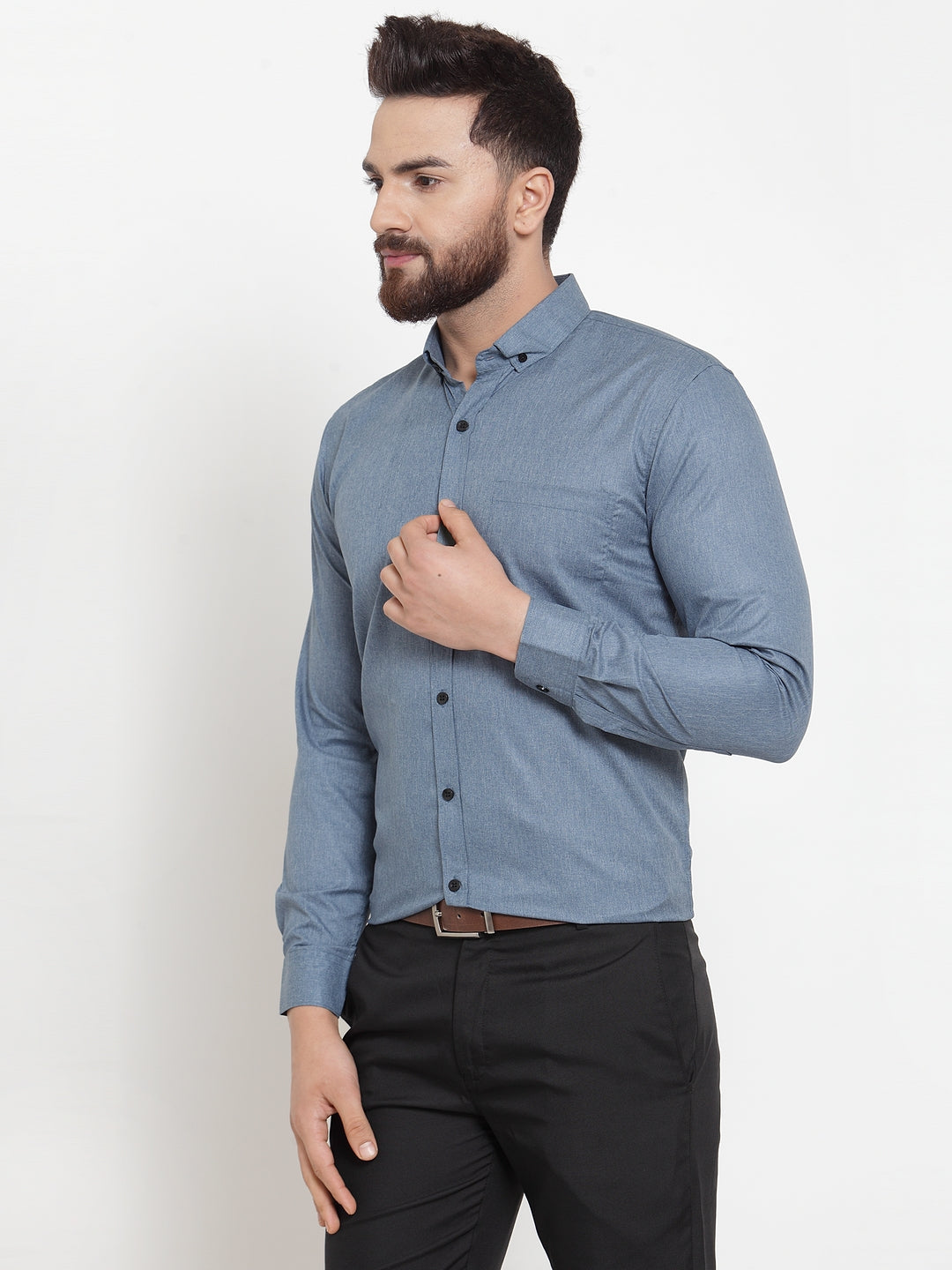 Jainish Grey Mens Cotton Solid Button Down Formal Shirts
