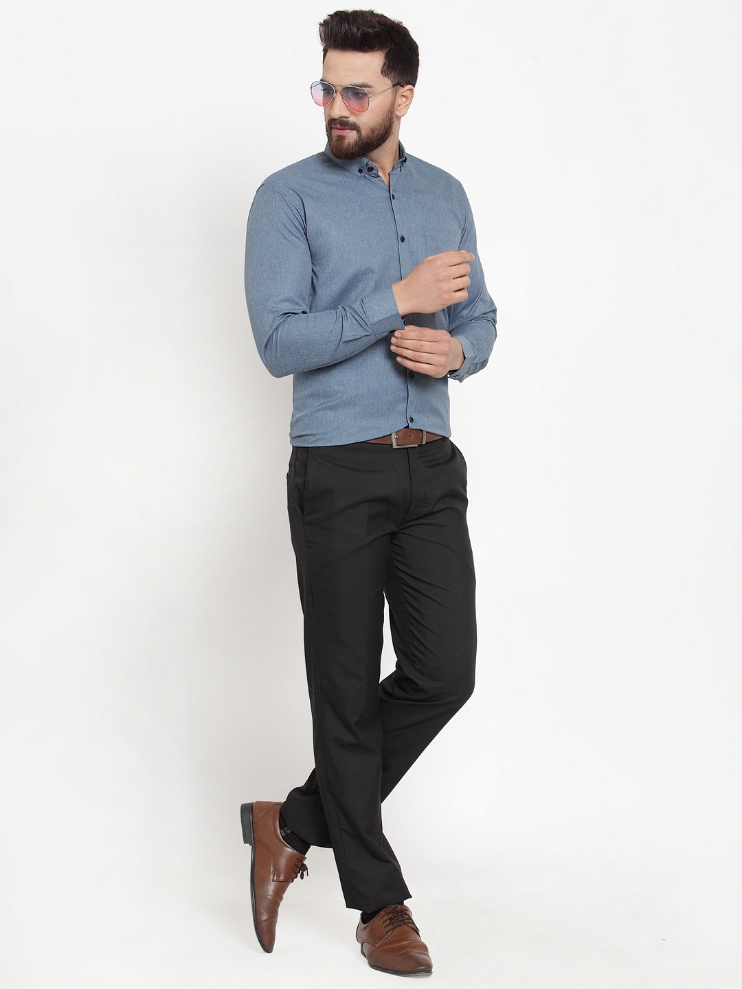Jainish Grey Mens Cotton Solid Button Down Formal Shirts