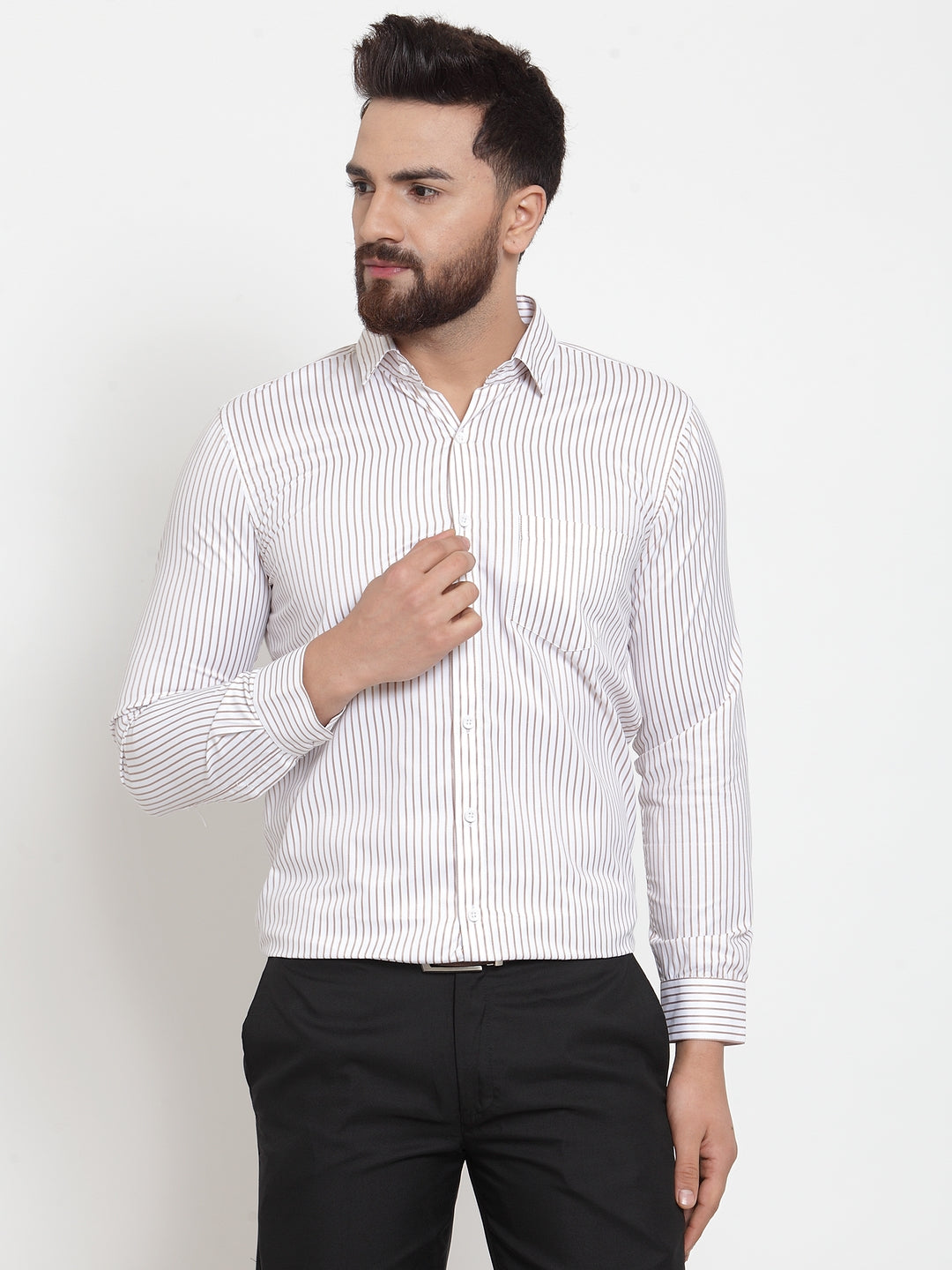 Jainish White Mens Cotton Stiped Formal Shirts
