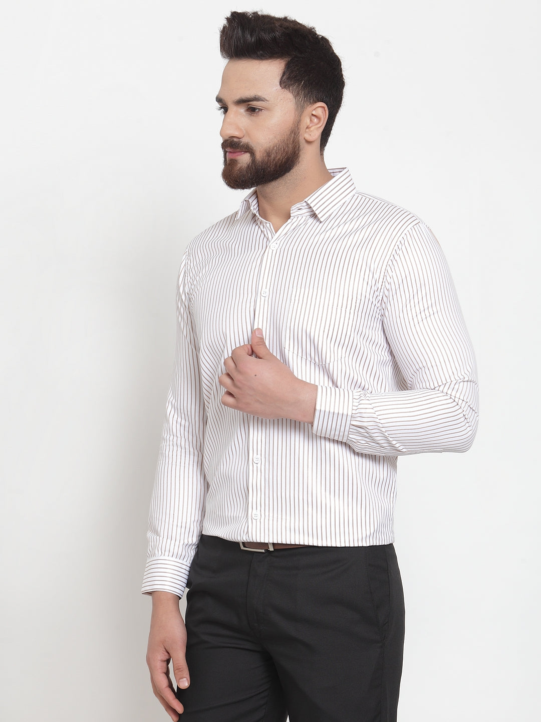 Jainish White Mens Cotton Stiped Formal Shirts