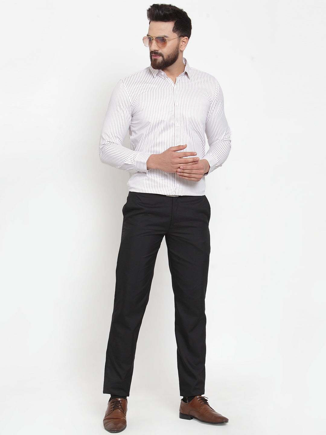 Jainish White Mens Cotton Stiped Formal Shirts