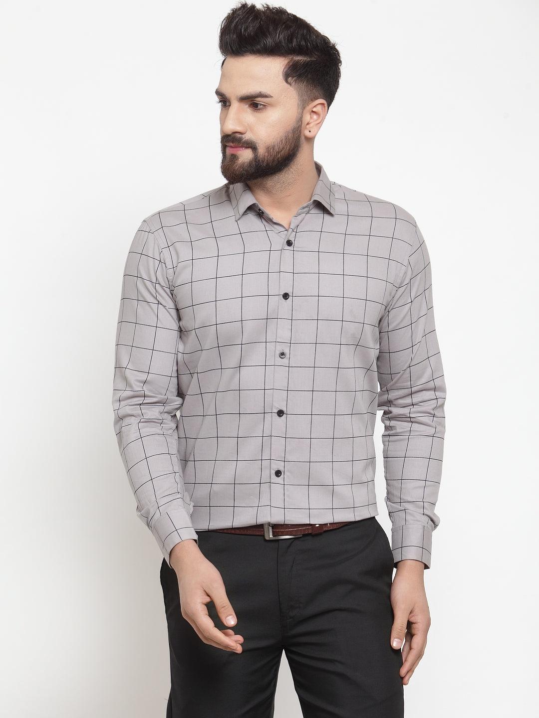 Jainish Grey Mens Cotton Checked Formal Shirts