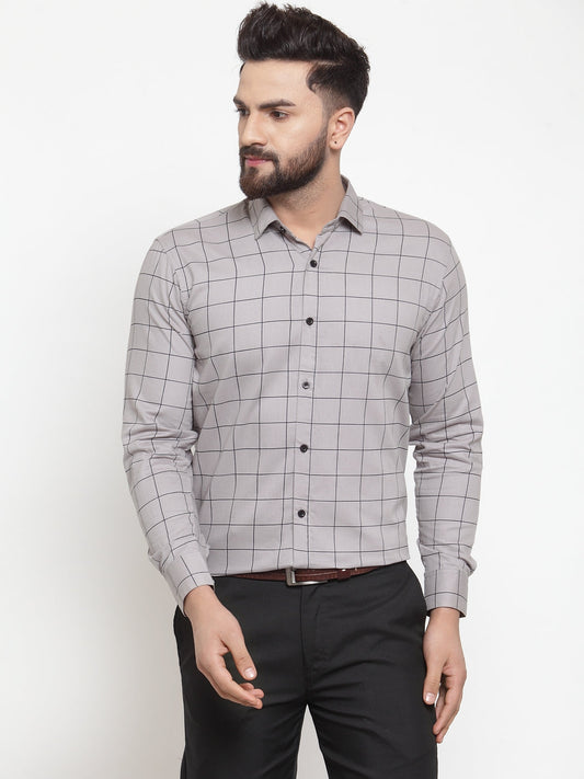 Jainish Grey Mens Cotton Checked Formal Shirts