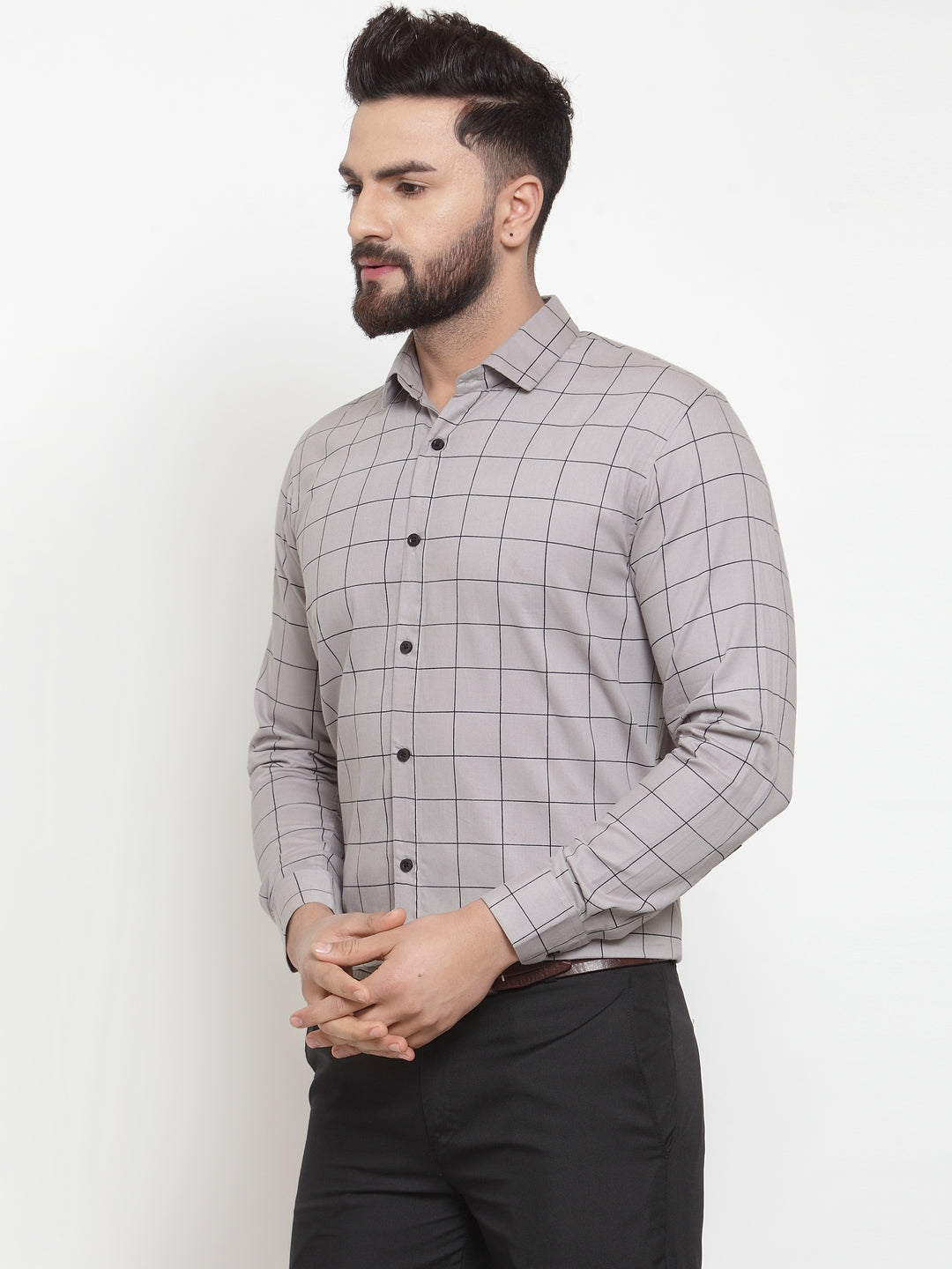 Jainish Grey Mens Cotton Checked Formal Shirts