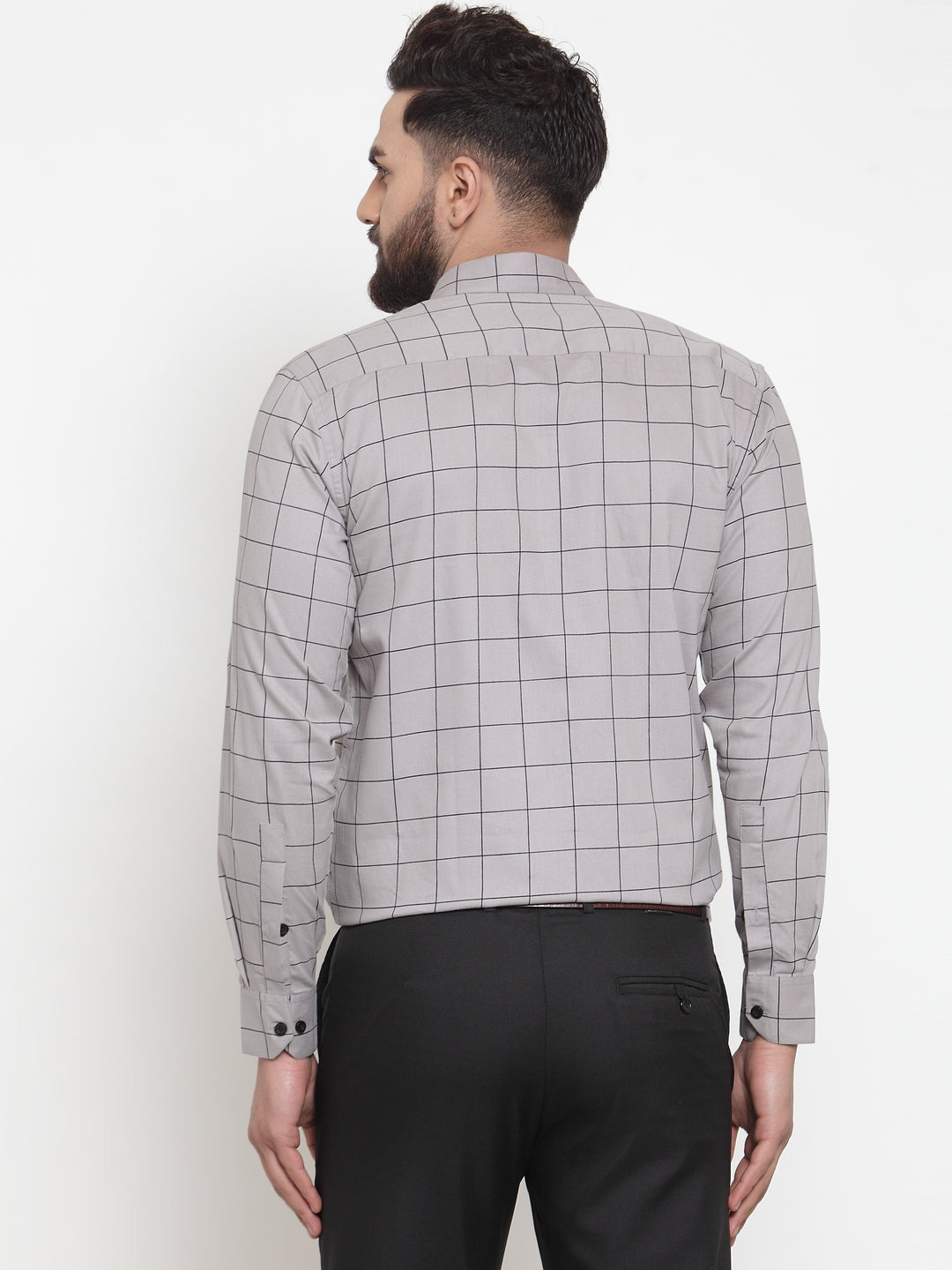 Jainish Grey Mens Cotton Checked Formal Shirts