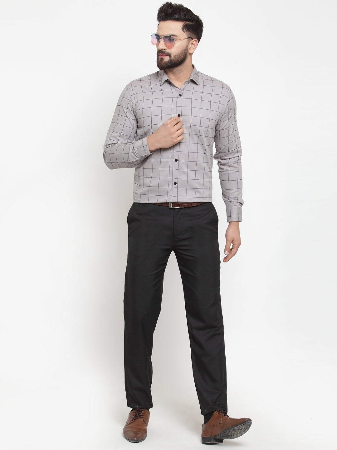 Jainish Grey Mens Cotton Checked Formal Shirts