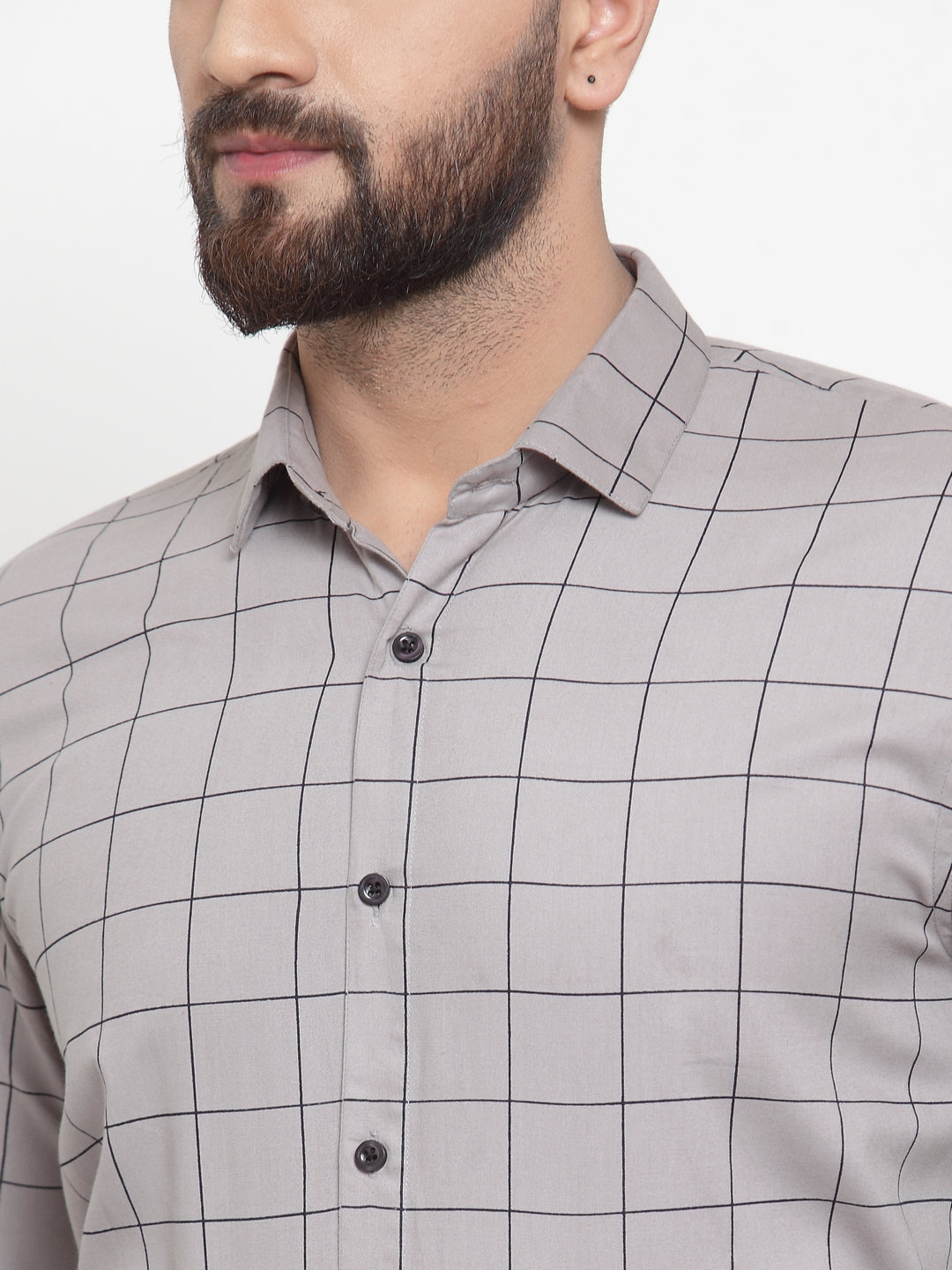 Jainish Grey Mens Cotton Checked Formal Shirts