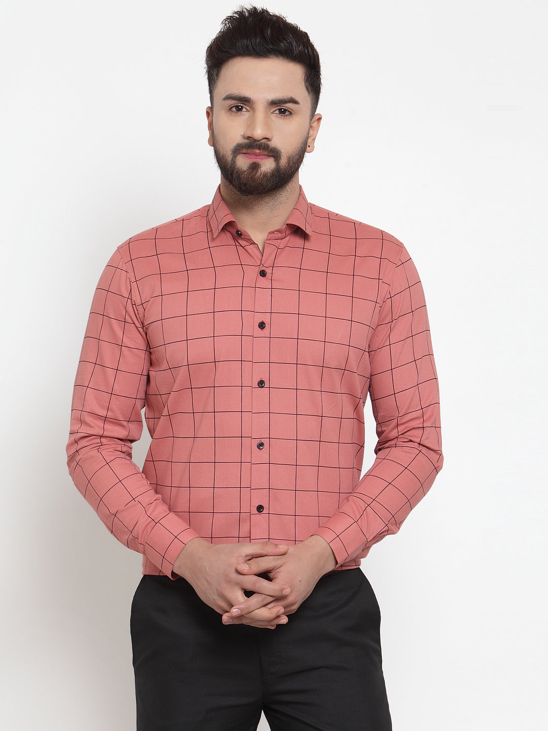 Jainish Peach Mens Cotton Checked Formal Shirts