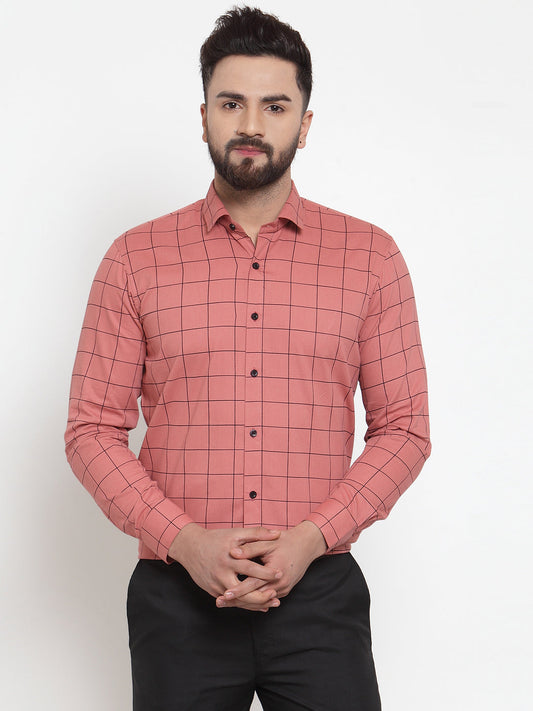 Jainish Peach Mens Cotton Checked Formal Shirts