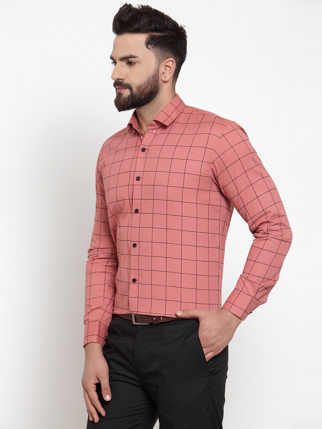 Jainish Peach Mens Cotton Checked Formal Shirts
