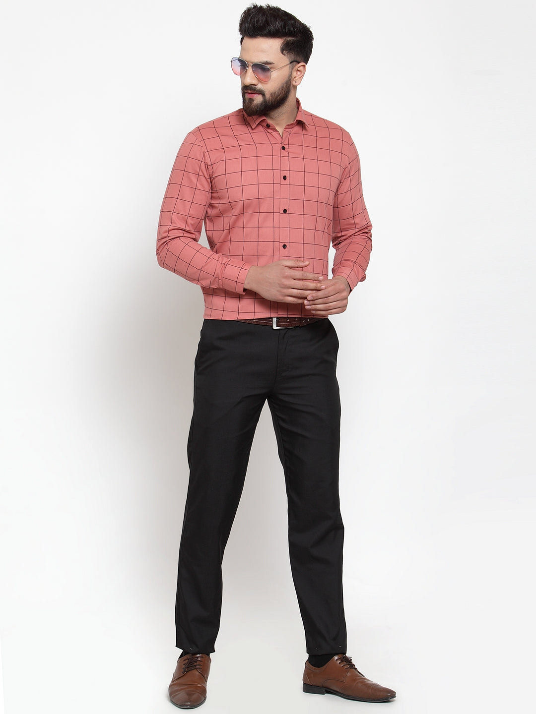 Jainish Peach Mens Cotton Checked Formal Shirts