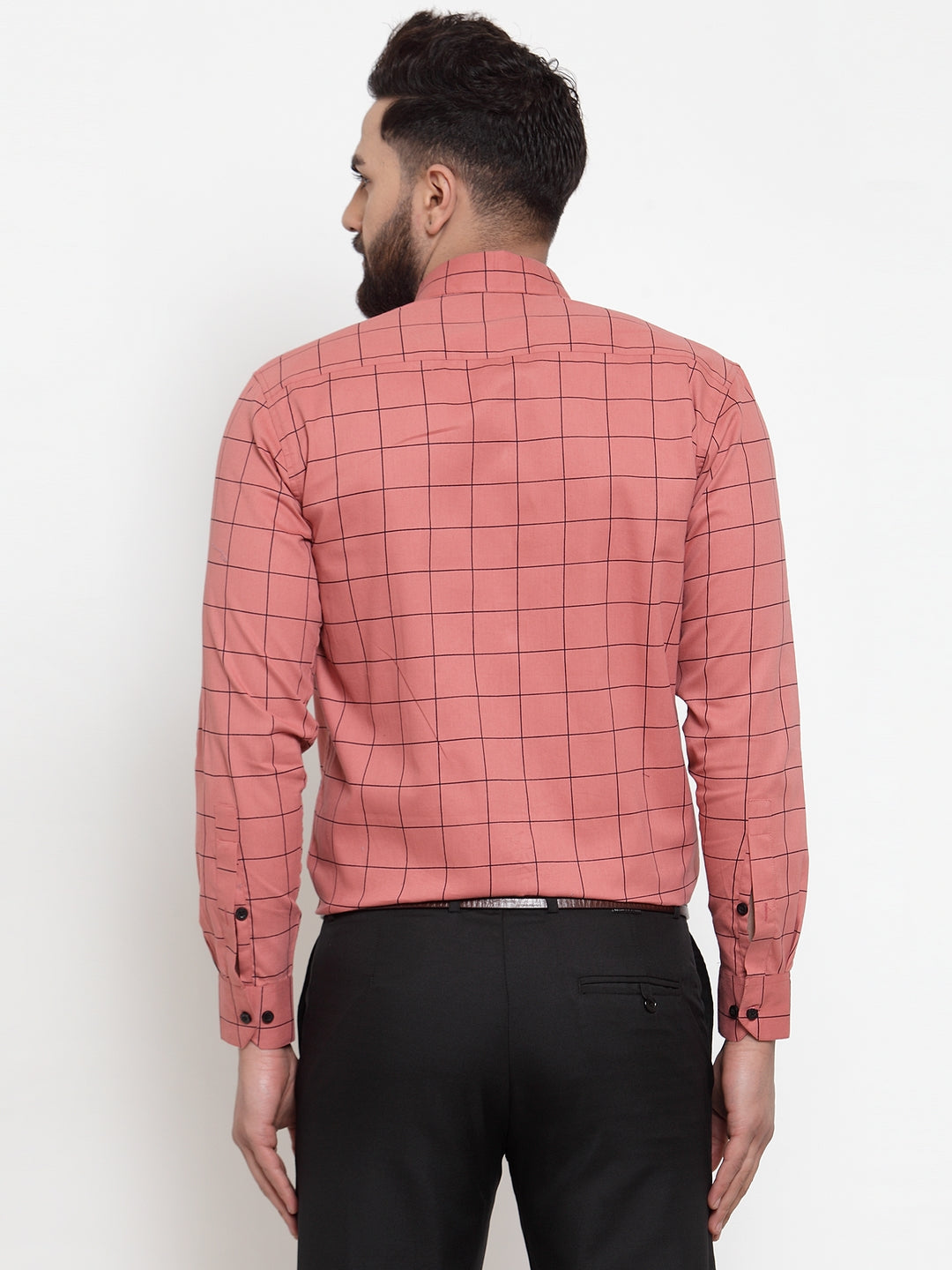 Jainish Peach Mens Cotton Checked Formal Shirts