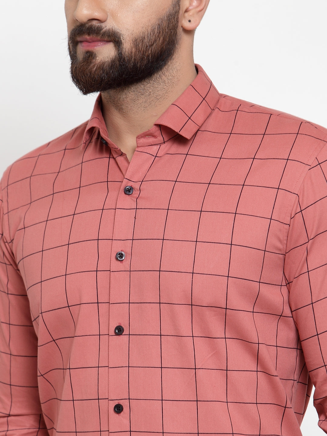 Jainish Peach Mens Cotton Checked Formal Shirts