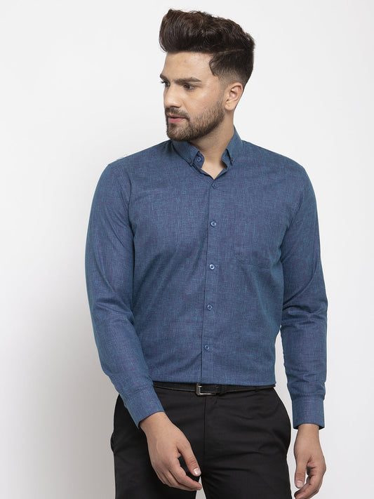 Jainish Blue Mens Cotton Solid Button Down Formal Shirts
