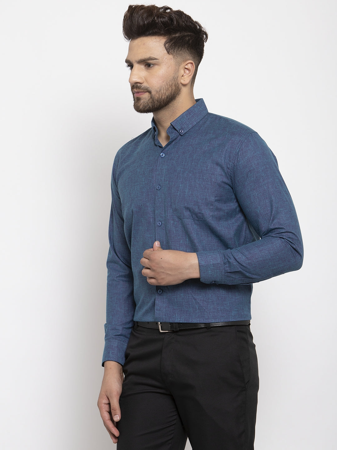 Jainish Blue Mens Cotton Solid Button Down Formal Shirts