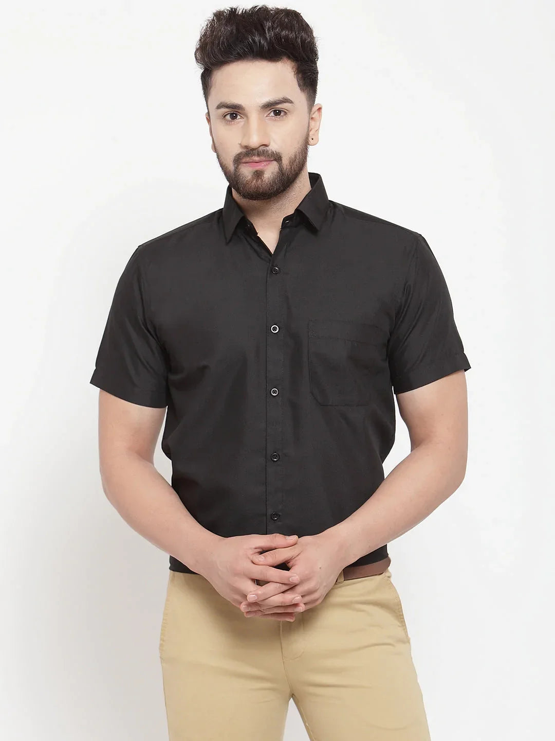 Jainish Black Mens Cotton Half Sleeves Solid Formal Shirts
