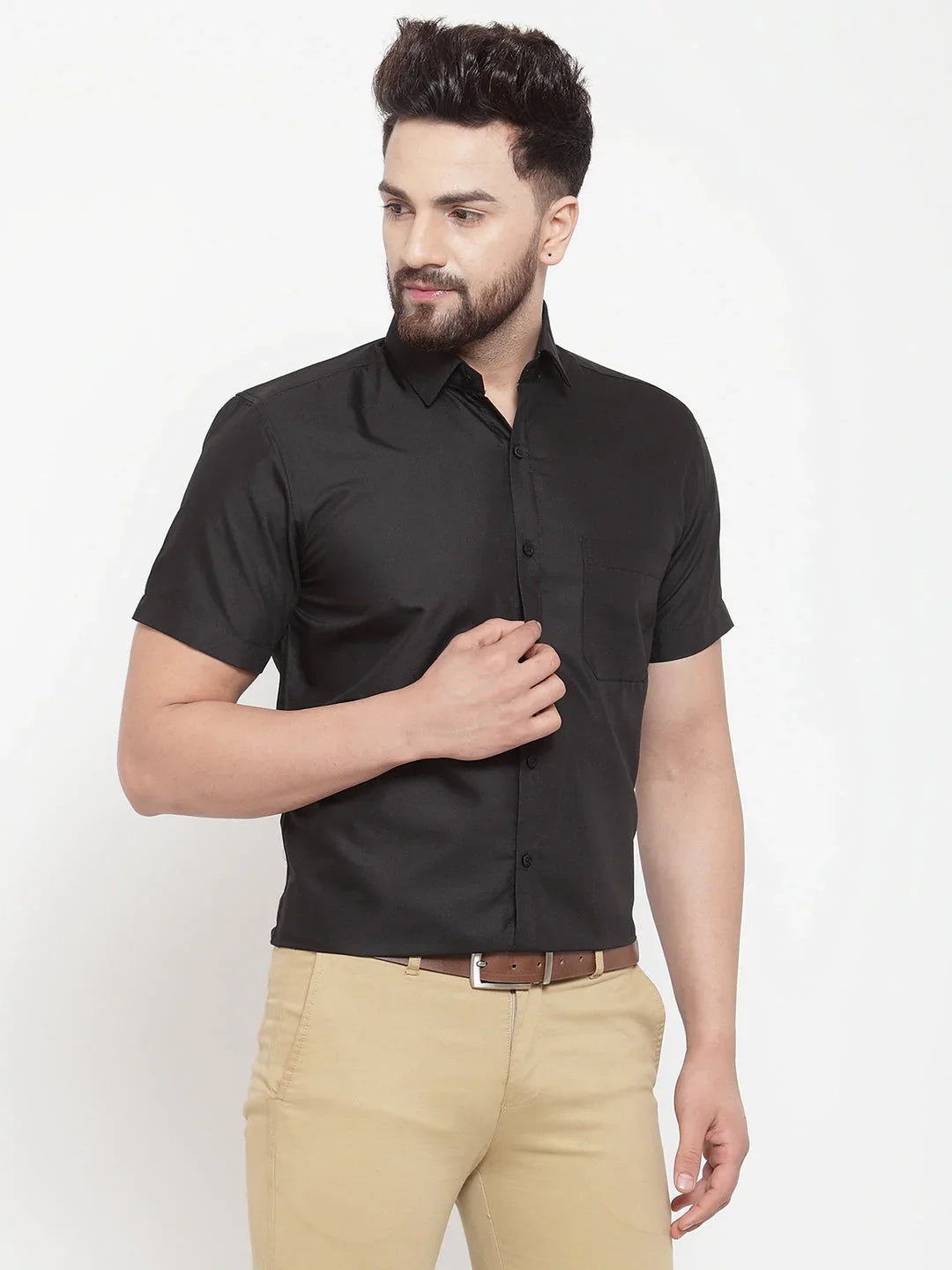 Jainish Black Mens Cotton Half Sleeves Solid Formal Shirts