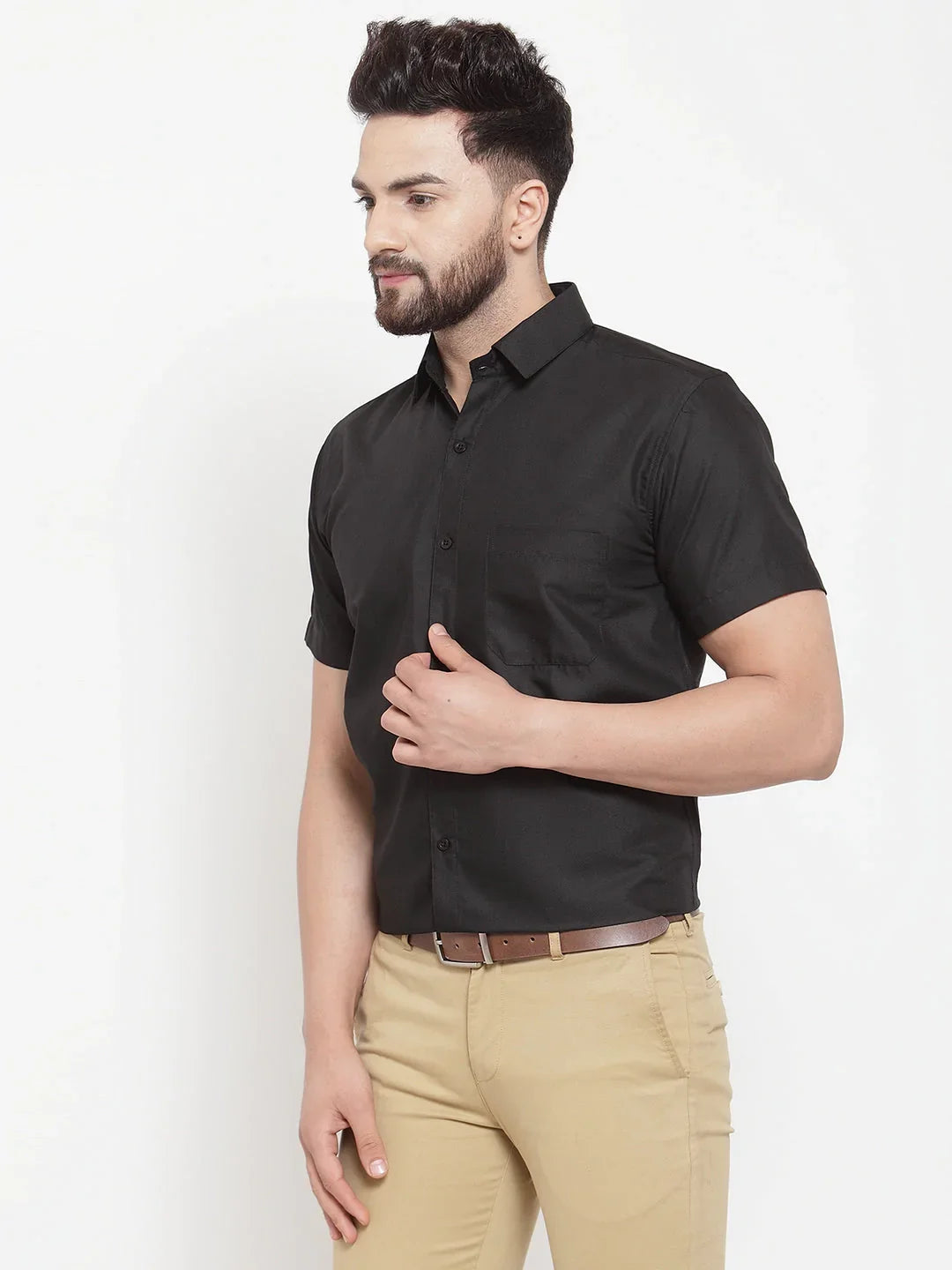 Jainish Black Mens Cotton Half Sleeves Solid Formal Shirts
