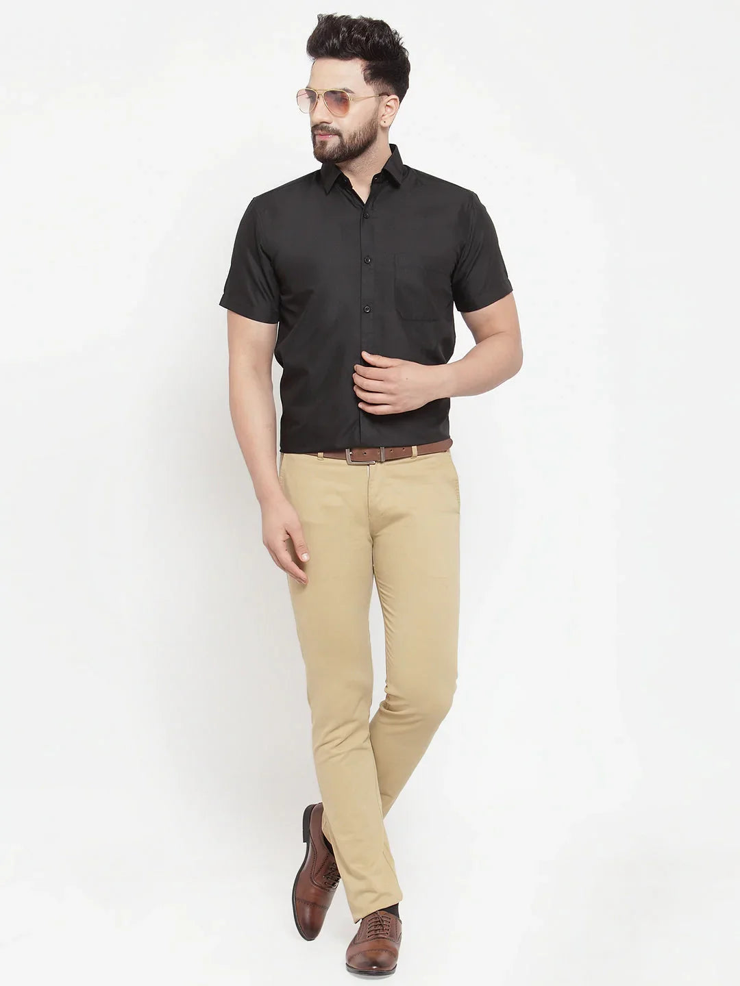Jainish Black Mens Cotton Half Sleeves Solid Formal Shirts
