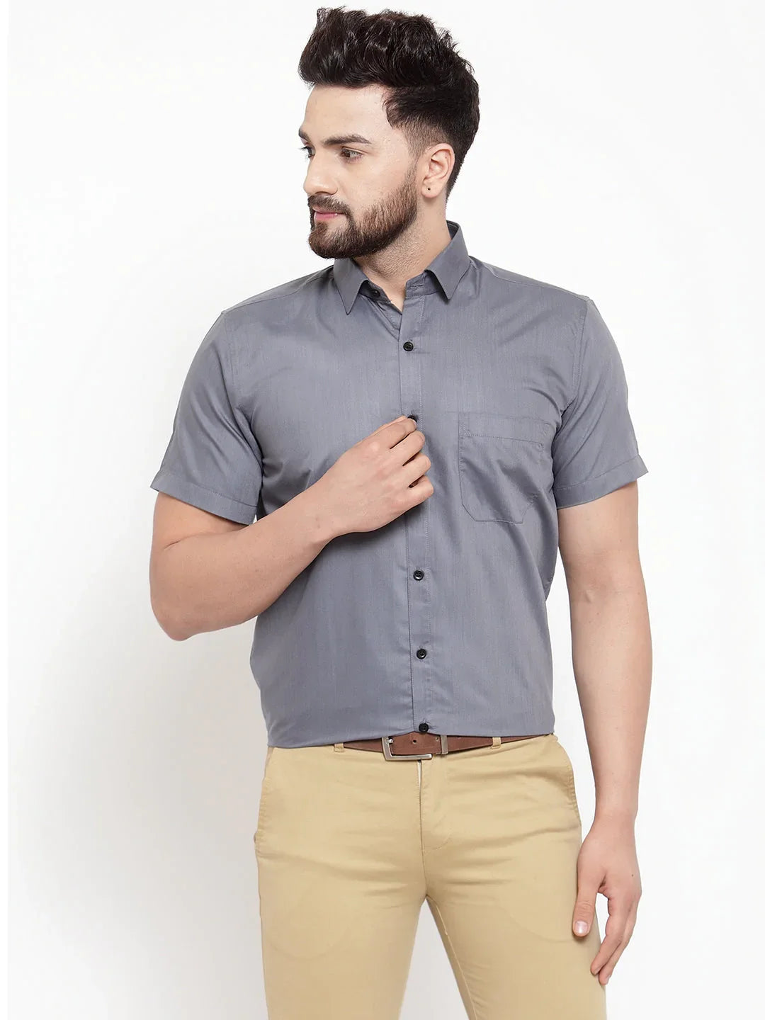 Jainish Grey Mens Cotton Half Sleeves Solid Formal Shirts