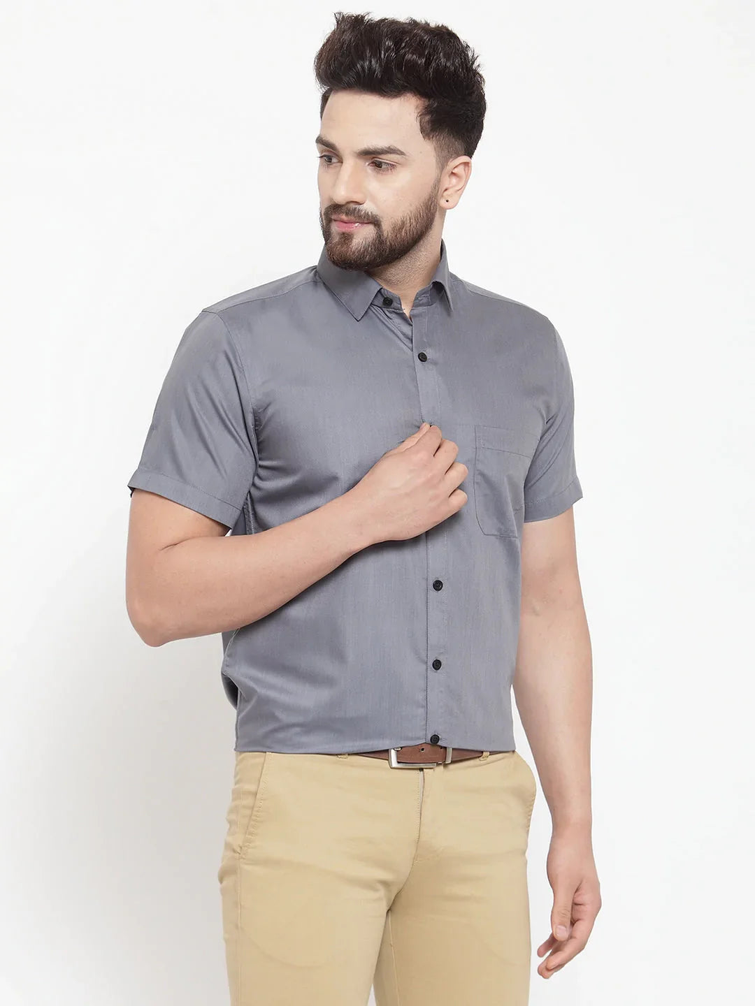 Jainish Grey Mens Cotton Half Sleeves Solid Formal Shirts