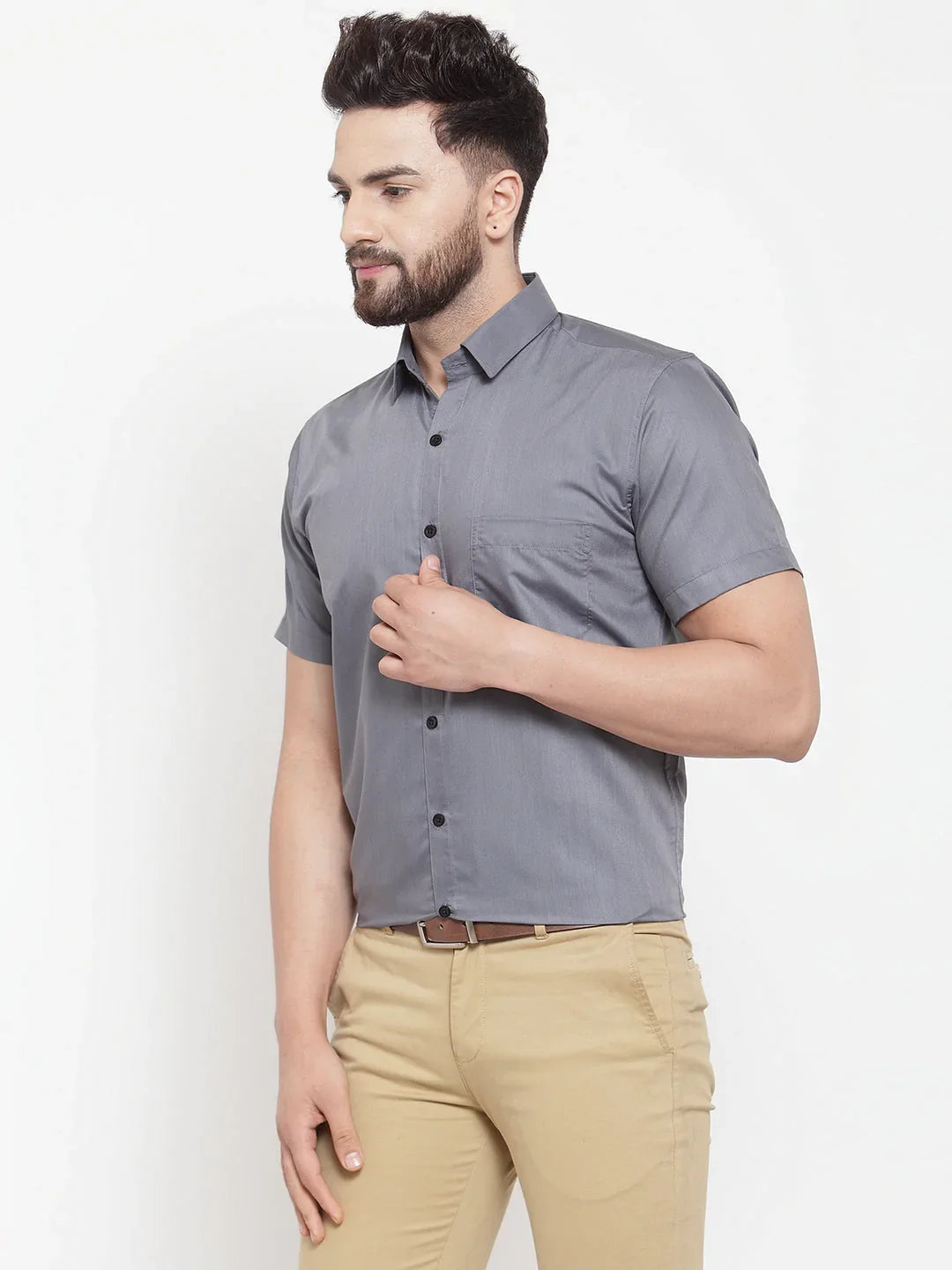 Jainish Grey Mens Cotton Half Sleeves Solid Formal Shirts