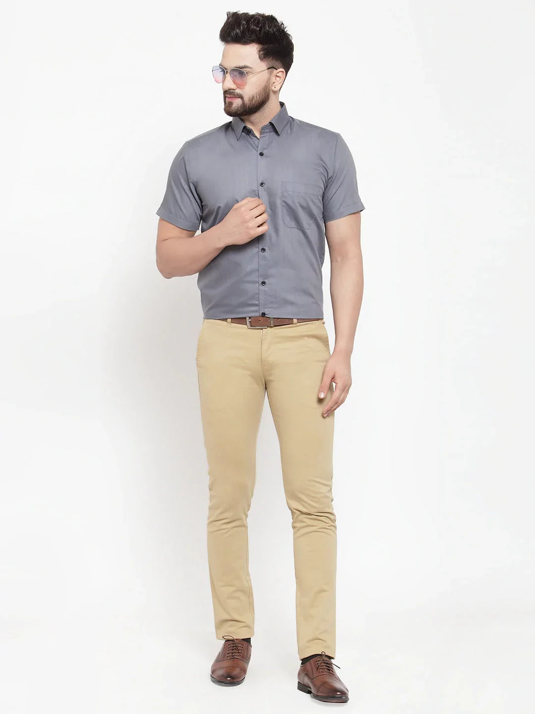 Jainish Grey Mens Cotton Half Sleeves Solid Formal Shirts