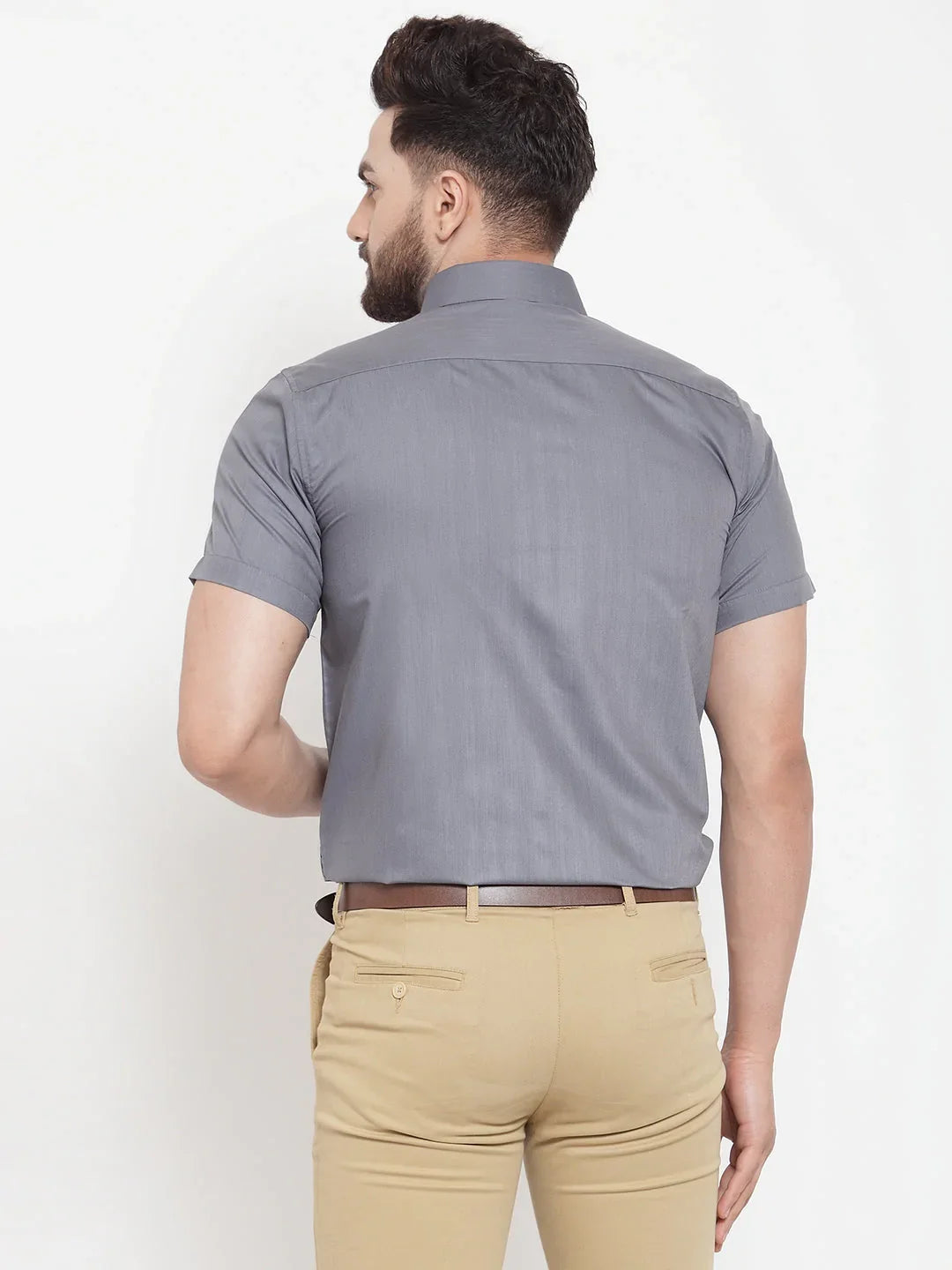 Jainish Grey Mens Cotton Half Sleeves Solid Formal Shirts