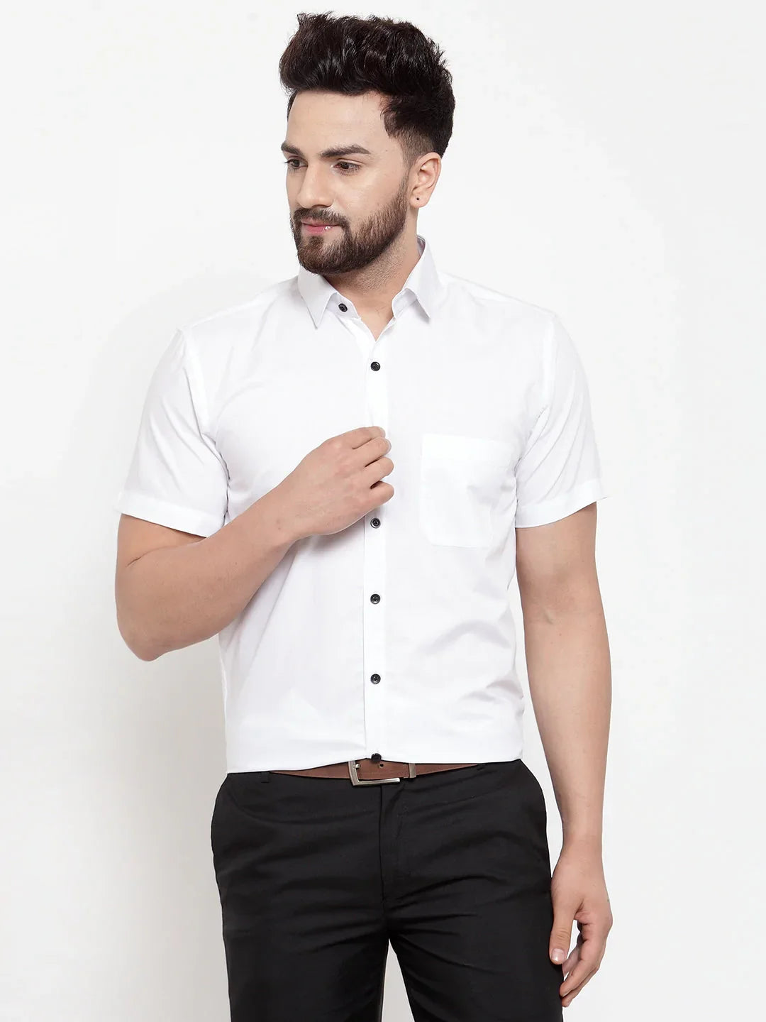 Jainish White Mens Cotton Half Sleeves Solid Formal Shirts