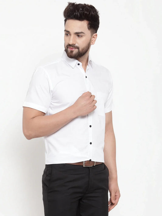 White Men's Cotton Half Sleeves Solid Formal Shirts ( SF 754White )