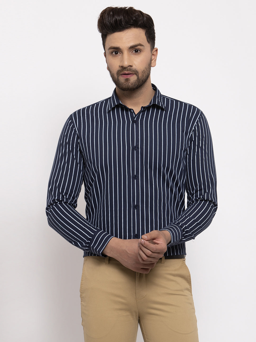 Jainish Navy Mens Cotton Striped Formal Shirts