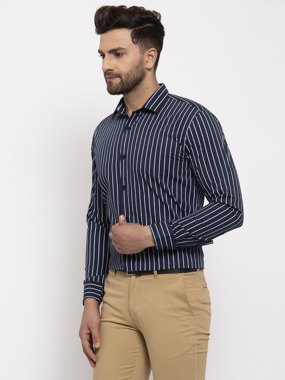 Jainish Navy Mens Cotton Striped Formal Shirts