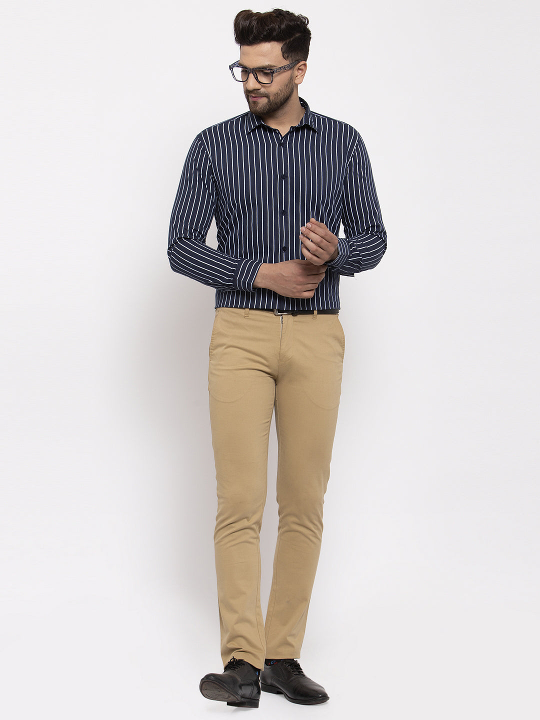 Jainish Navy Mens Cotton Striped Formal Shirts