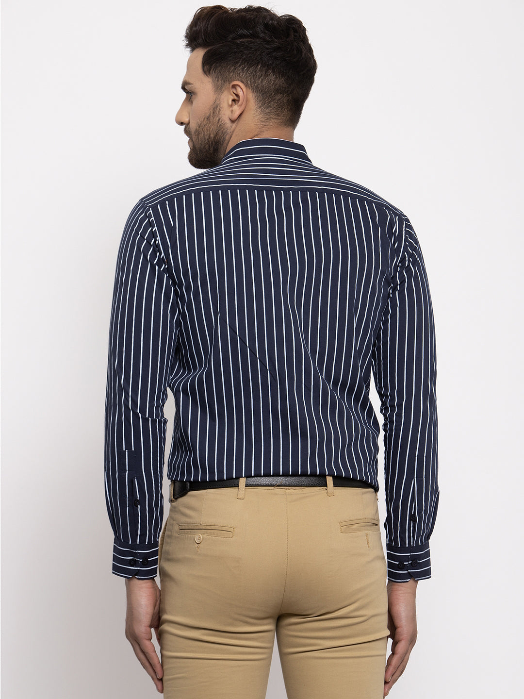 Jainish Navy Mens Cotton Striped Formal Shirts