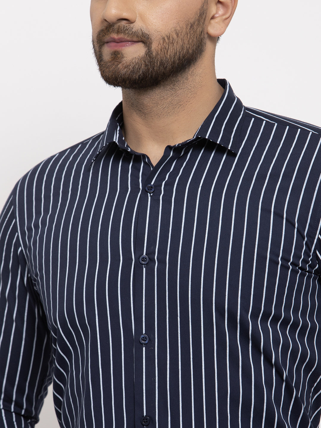 Jainish Navy Mens Cotton Striped Formal Shirts