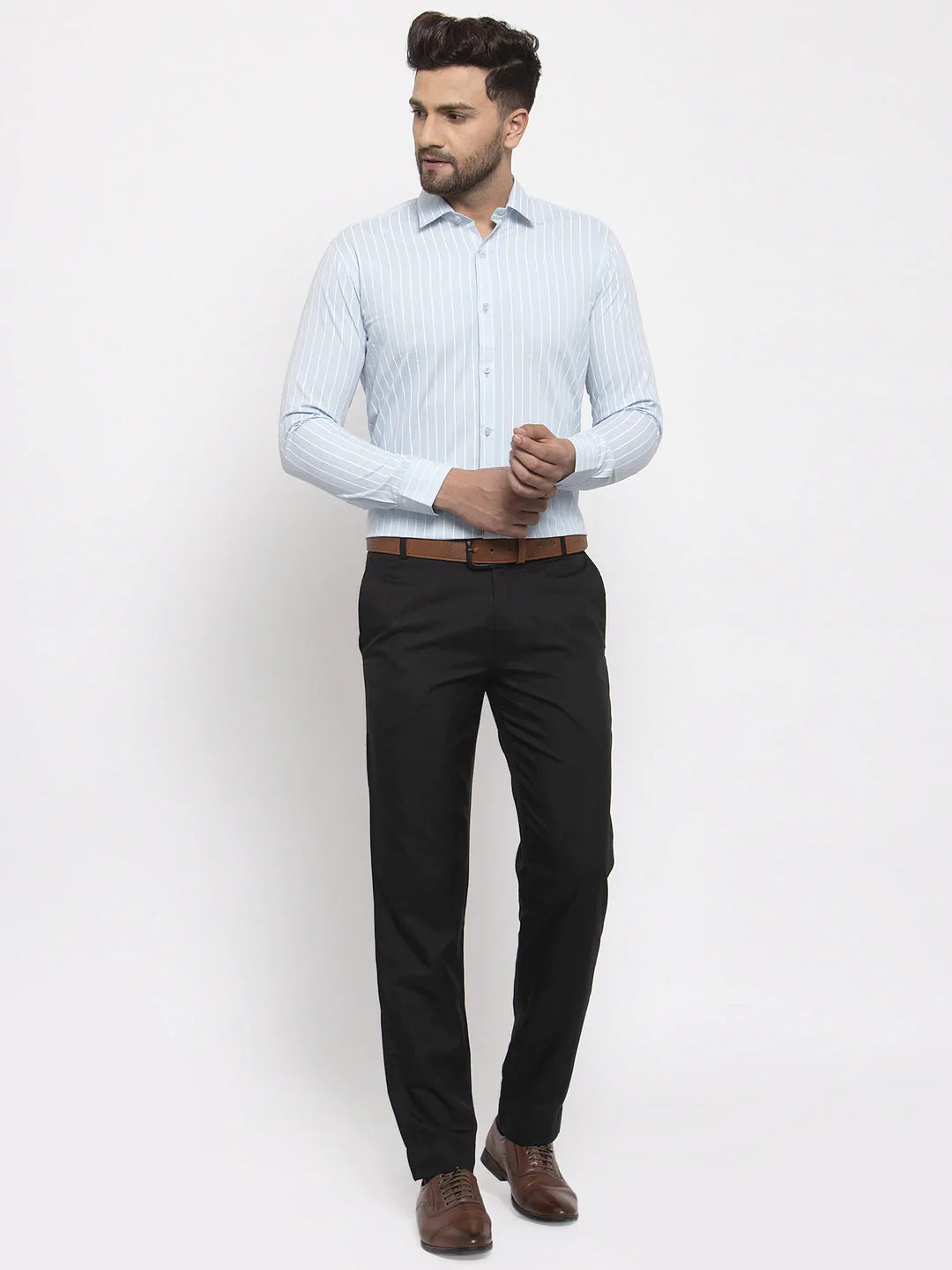 Jainish Blue Mens Cotton Striped Formal Shirts