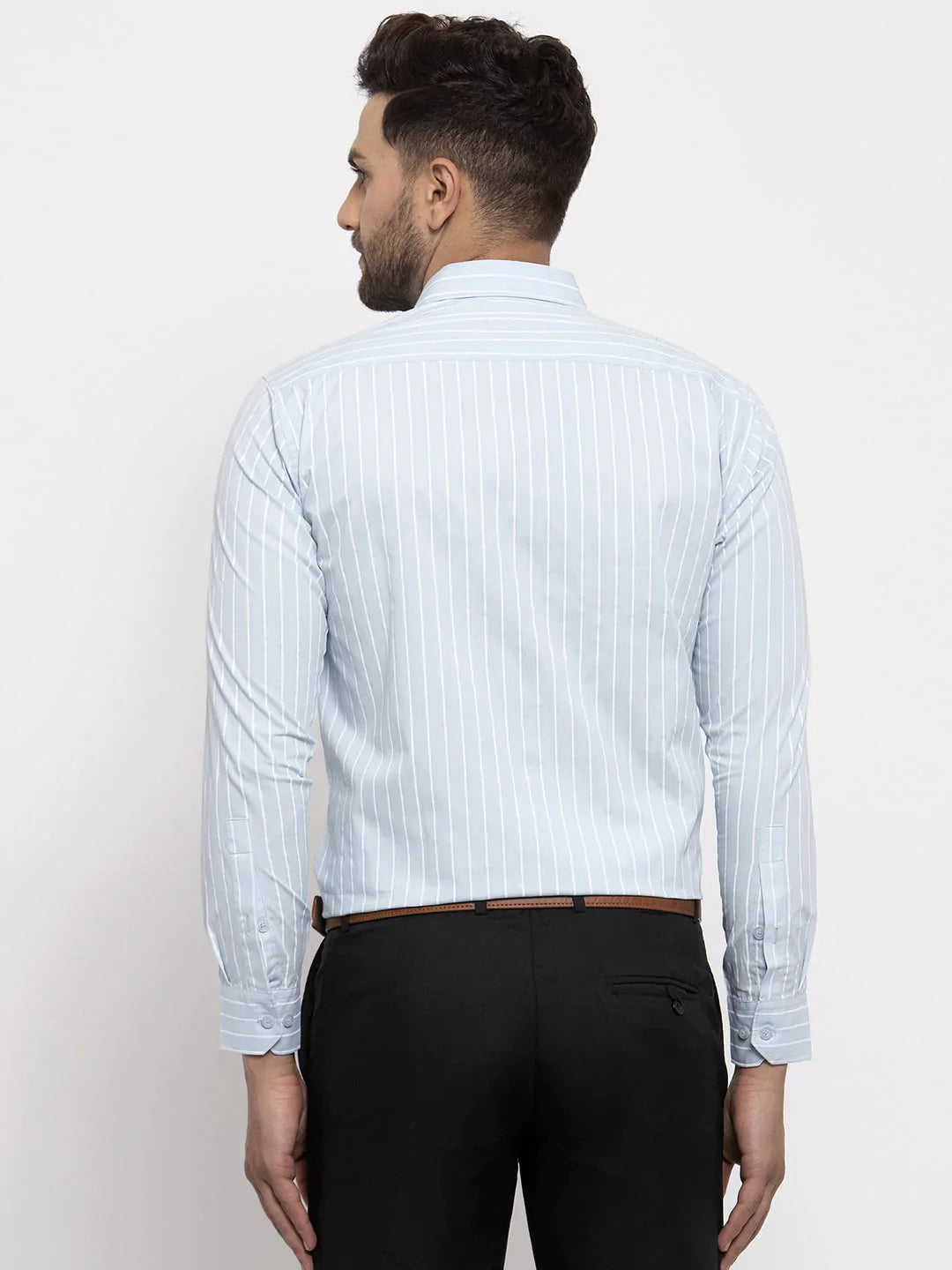 Jainish Blue Mens Cotton Striped Formal Shirts
