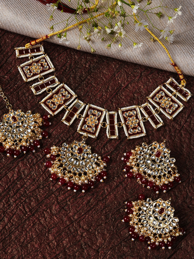 SOHI - MAROON NECKLACE WITH EARRING & MAANGTIKA SET