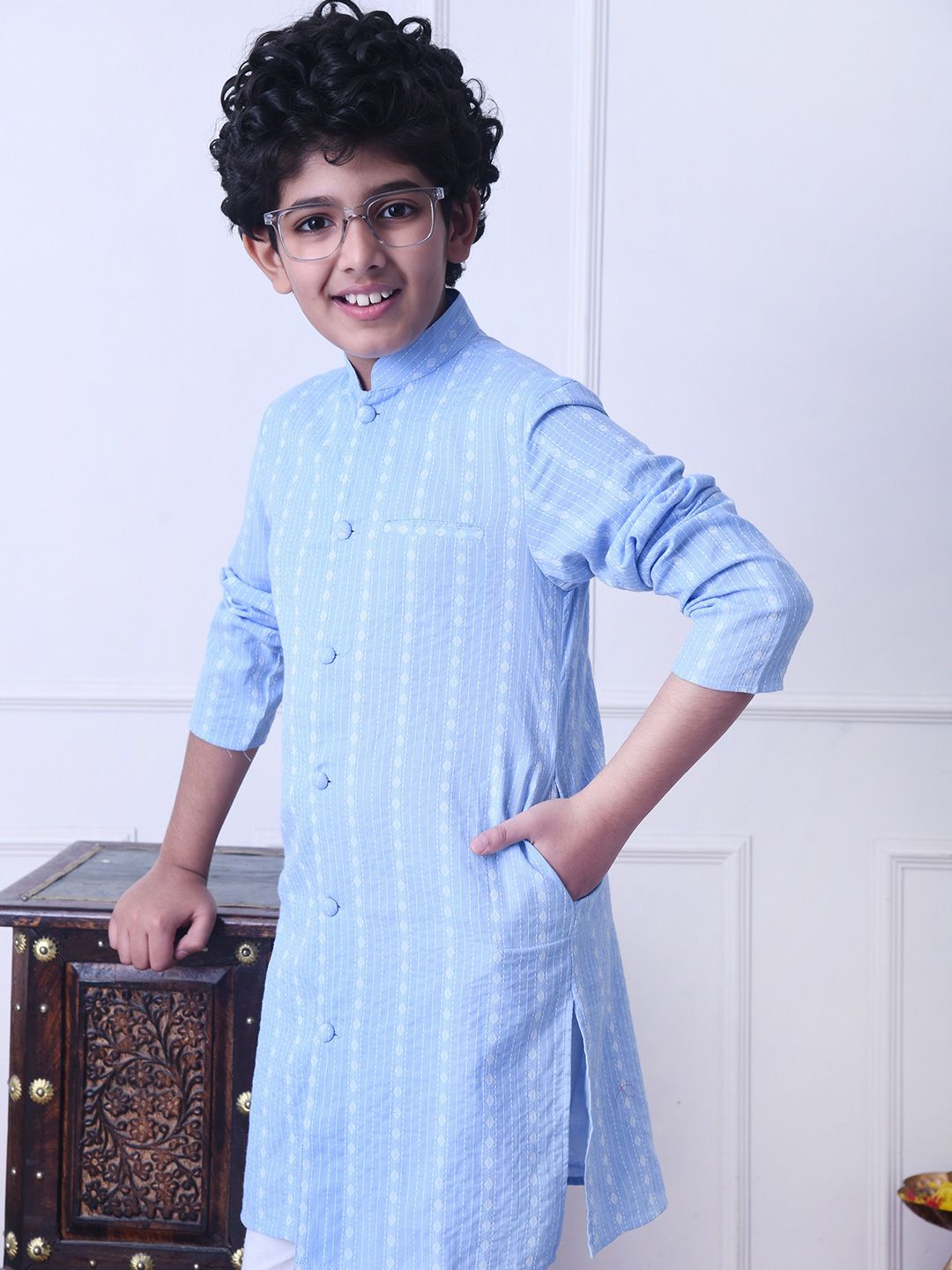 Indi Loom Couture Boys Blue Striped Ethnic Kurta with White Pajama Set ILBKS14