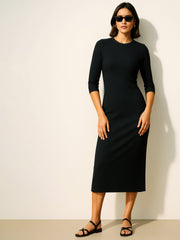 Women Black Rib Mock Round Neck Midi Dress