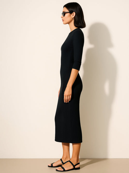 Women Black Rib Mock Round Neck Midi Dress