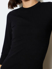 Women Black Rib Mock Round Neck Midi Dress