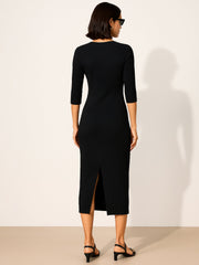 Women Black Rib Mock Round Neck Midi Dress