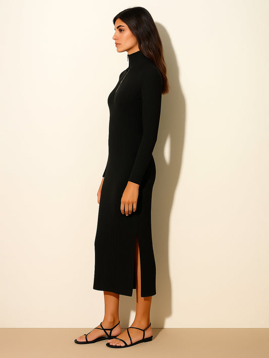 Women Black Rib High Neck Front Half Zipper Dress