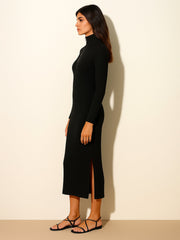 Women Black Rib High Neck Front Half Zipper Dress